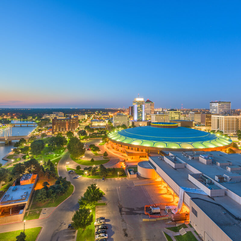 Wichita, Kansas, USA downtown skyline at dusk.